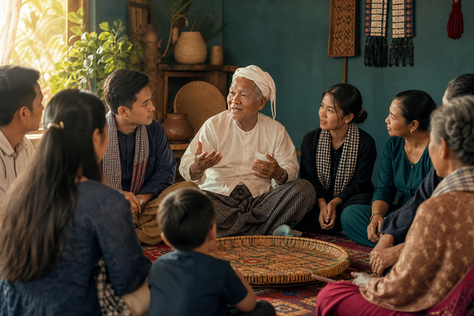 A Cham elder sharing cultural knowledge in an intergenerational community circle