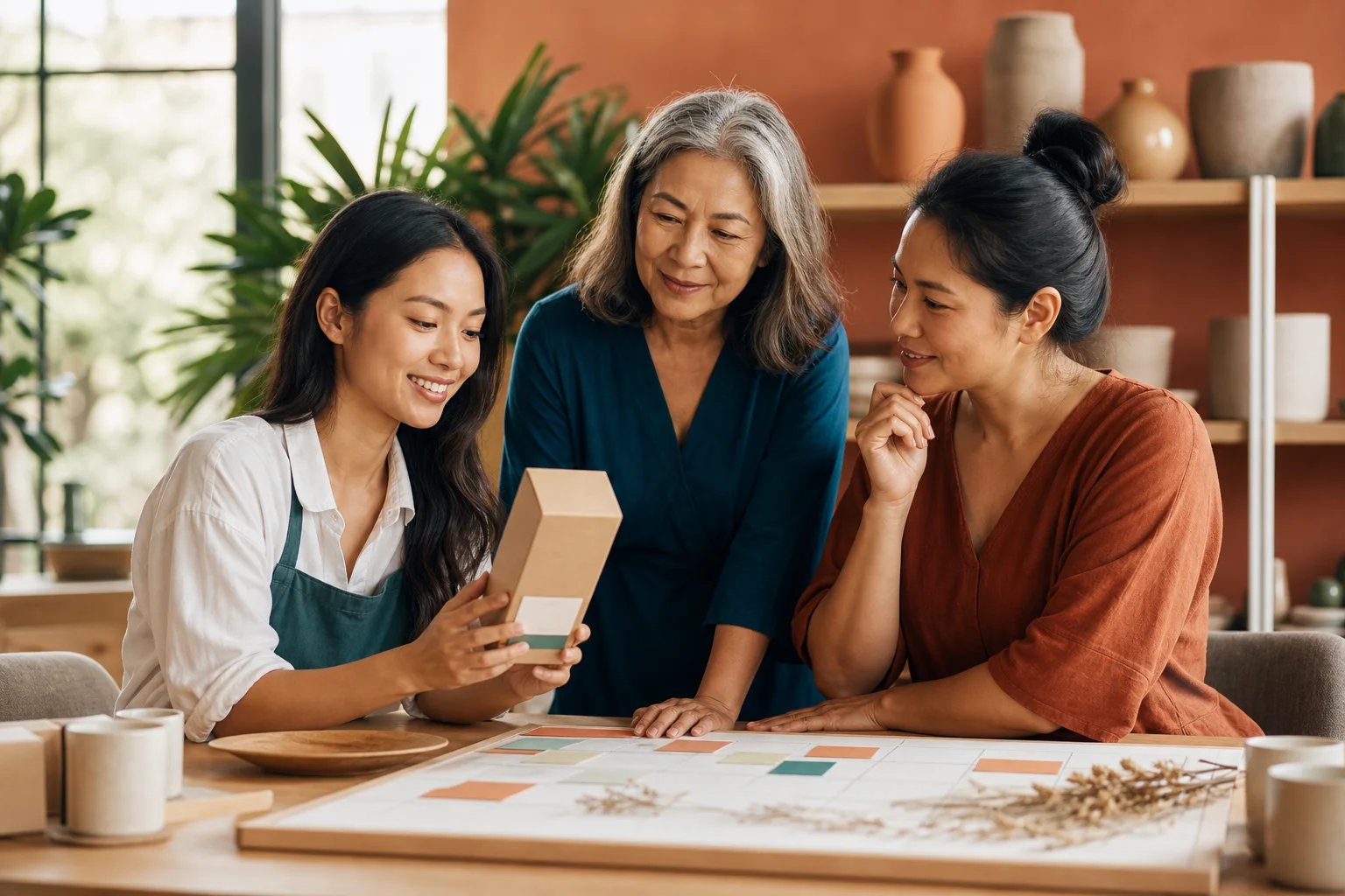Three Southeast Asian women collaborating on a small business plan