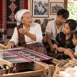 Champa family sharing traditional weaving, music, and stories across generations