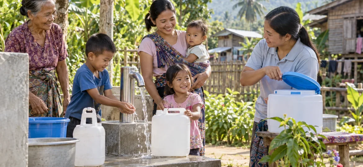 Southeast Asian family accessing clean water in a rural community setting