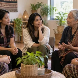 Southeast Asian family members sharing a supportive intergenerational conversation