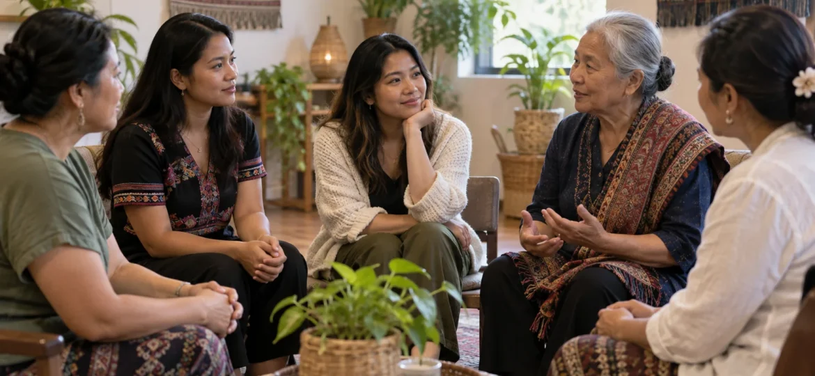 Southeast Asian family members sharing a supportive intergenerational conversation