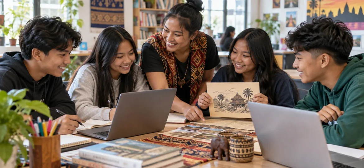 Southeast Asian young people learning together with a community mentor