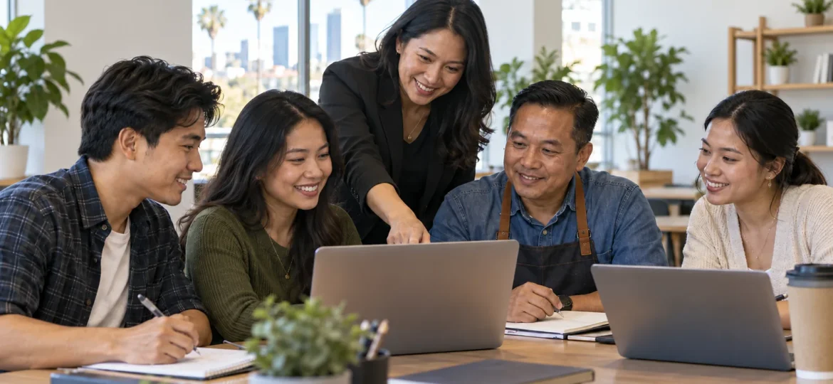 Southeast Asian adults collaborating during a practical technology and small business workshop