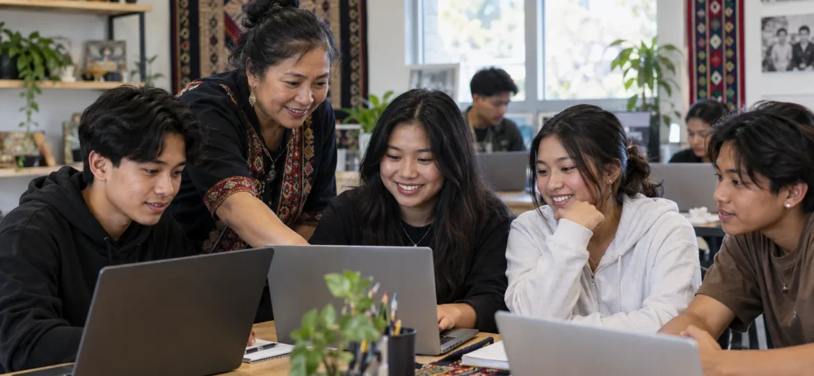 Southeast Asian youth learning AI and digital workforce skills with a community mentor